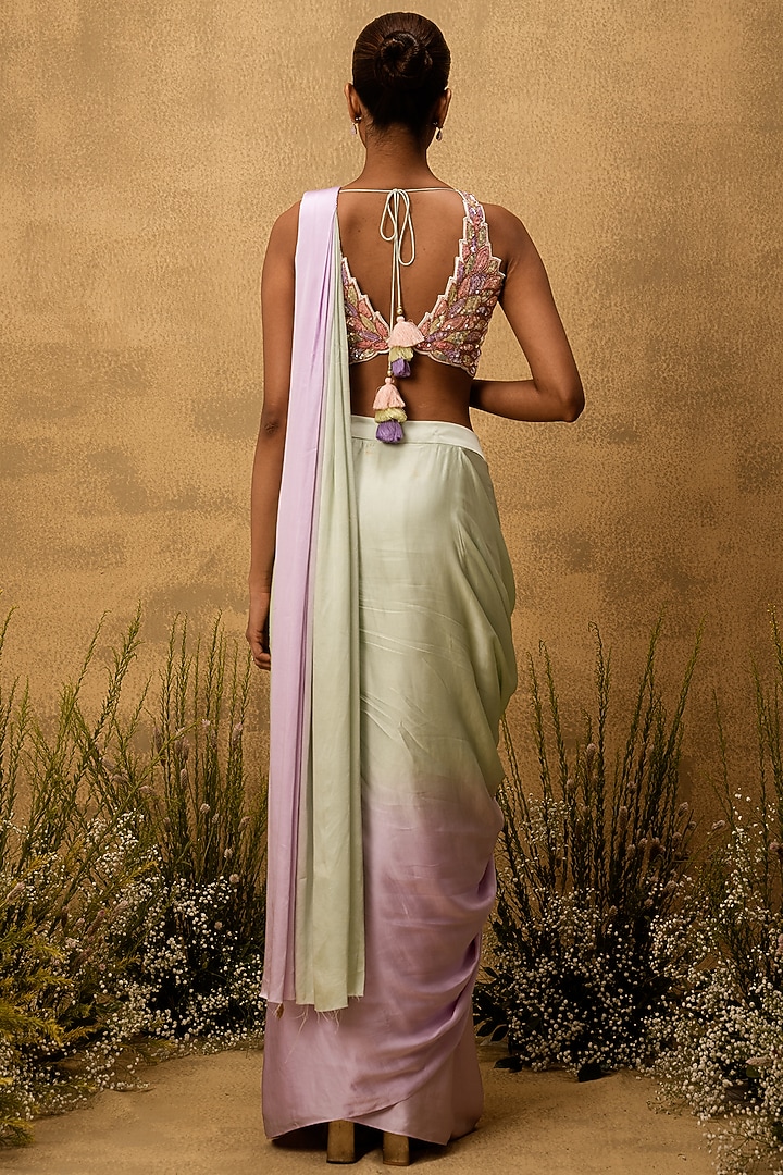Mint Green & Lilac Ombre Modal Satin Embroidered Pre-Stitched Party Wear Saree Set by Quench A Thirst at Pernia's Pop Up Shop