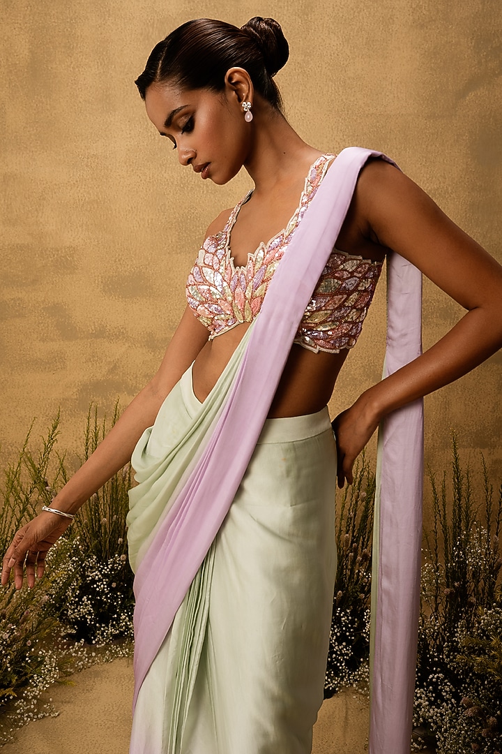 Mint Green & Lilac Ombre Modal Satin Embroidered Pre-Stitched Party Wear Saree Set by Quench A Thirst at Pernia's Pop Up Shop