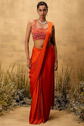 Bright Orange Modal Satin Embroidered Pre-Stitched Saree Set by Quench A Thirst