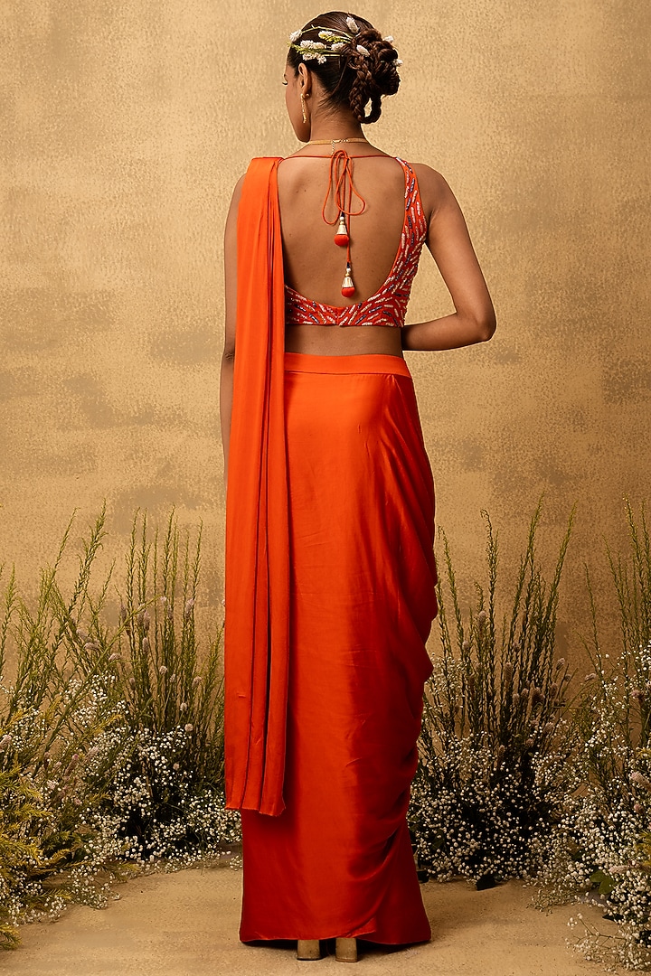 Bright Orange Modal Satin Embroidered Pre-Stitched Party Wear Saree Set by Quench A Thirst at Pernia's Pop Up Shop