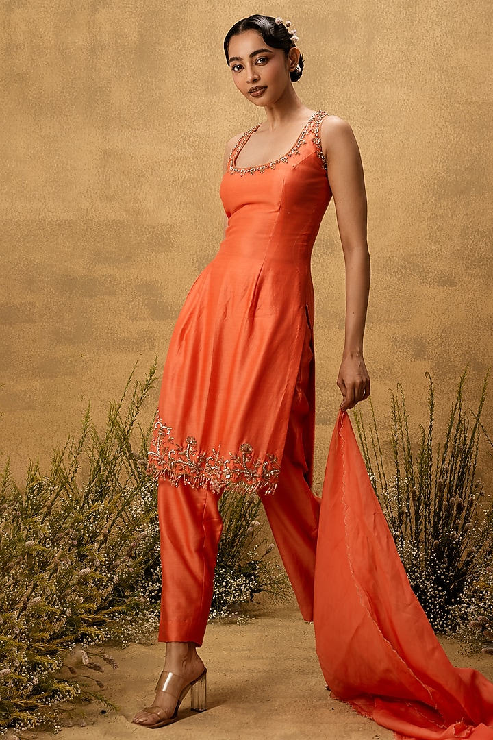 Bright Orange Chanderi Silk Embroidered Kurta Set by Quench A Thirst at Pernia's Pop Up Shop