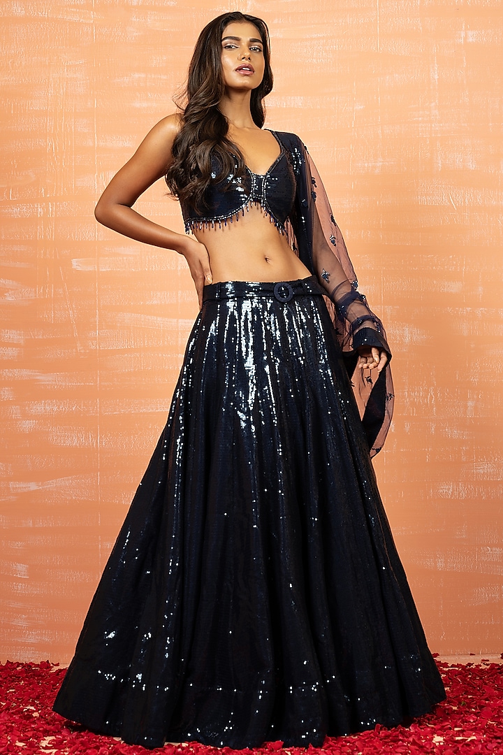 Deep Blue Embroidered Lehenga Set by Quench A Thirst