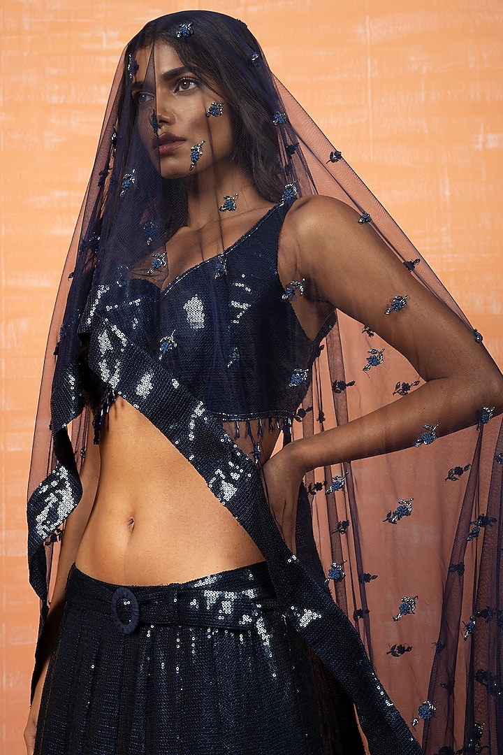 Deep Blue Embroidered Wedding Lehenga Set by Quench A Thirst at Pernia's Pop Up Shop