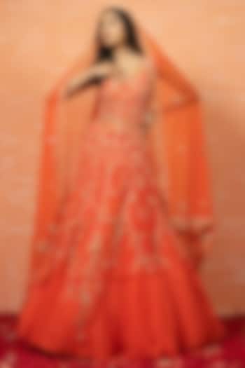 Orange Embroidered Lehenga Set by Quench A Thirst