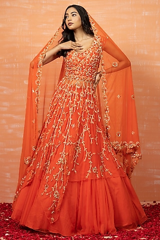Orange Embroidered Lehenga Set by Quench A Thirst