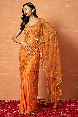 Orange Embroidered Pre-Stitched Saree Set by Quench A Thirst
