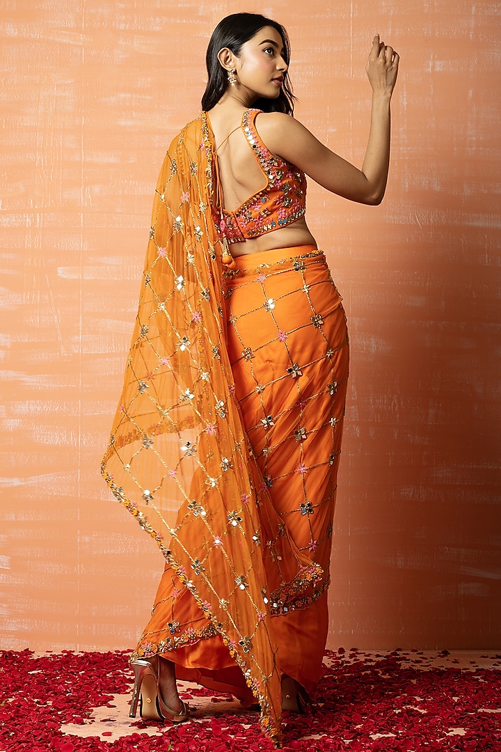Orange Embroidered Pre-Stitched Wedding Saree Set by Quench A Thirst at Pernia's Pop Up Shop