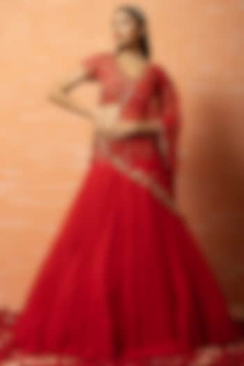 Red Sequins Embroidered Lehenga Set by Quench A Thirst