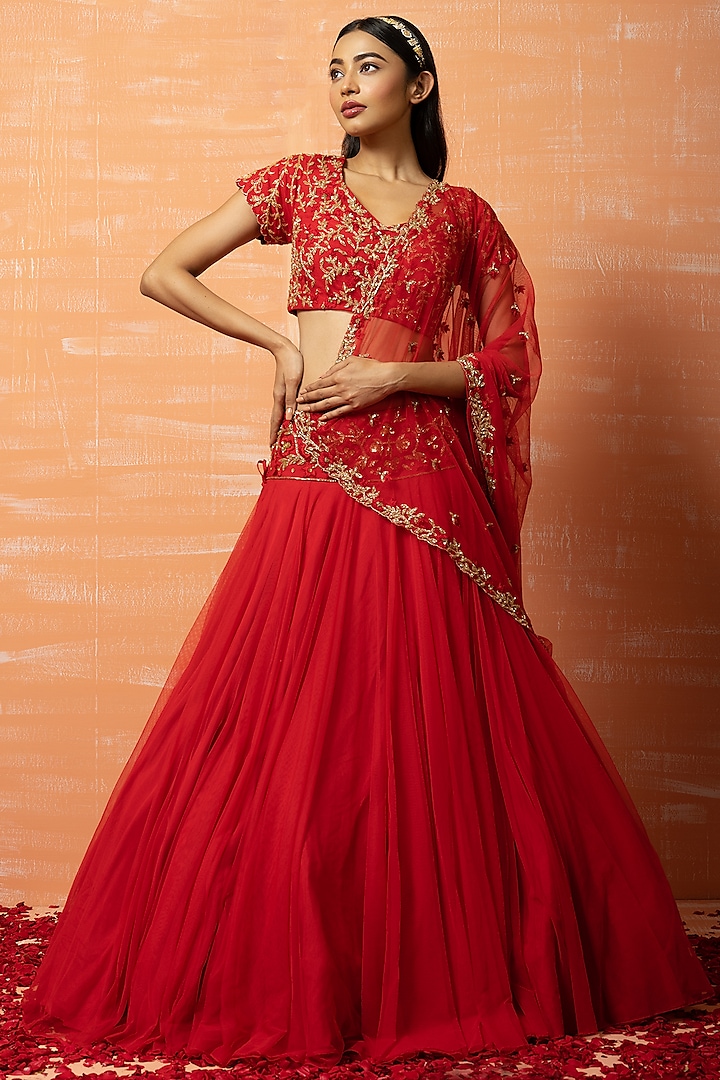 Red Sequins Embroidered Lehenga Set by Quench A Thirst