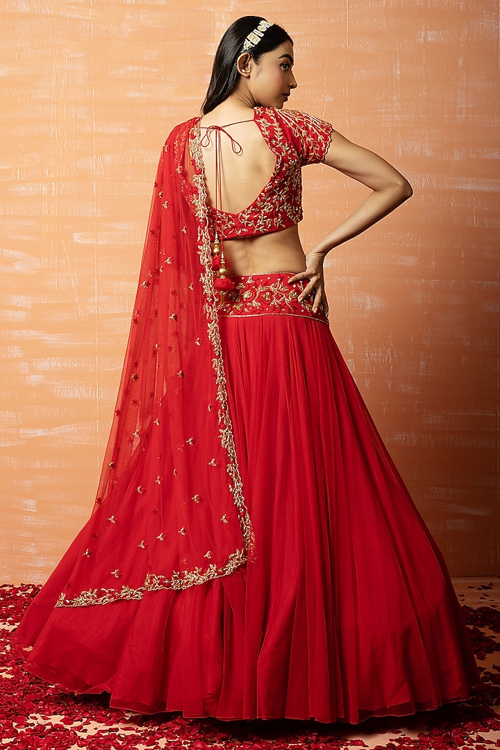 Red Sequins Embroidered Wedding Lehenga Set by Quench A Thirst at Pernia's Pop Up Shop