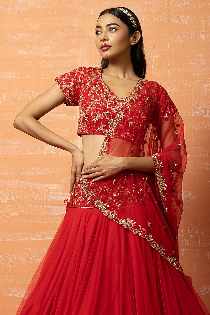 Red Sequins Embroidered Wedding Lehenga Set by Quench A Thirst at Pernia's Pop Up Shop