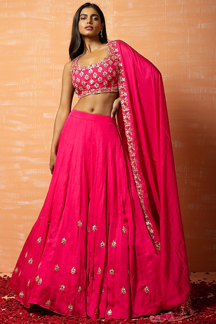 Hot Pink Hand Embroidered Lehenga Set by Quench A Thirst