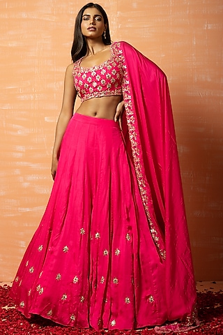Hot Pink Hand Embroidered Lehenga Set by Quench A Thirst