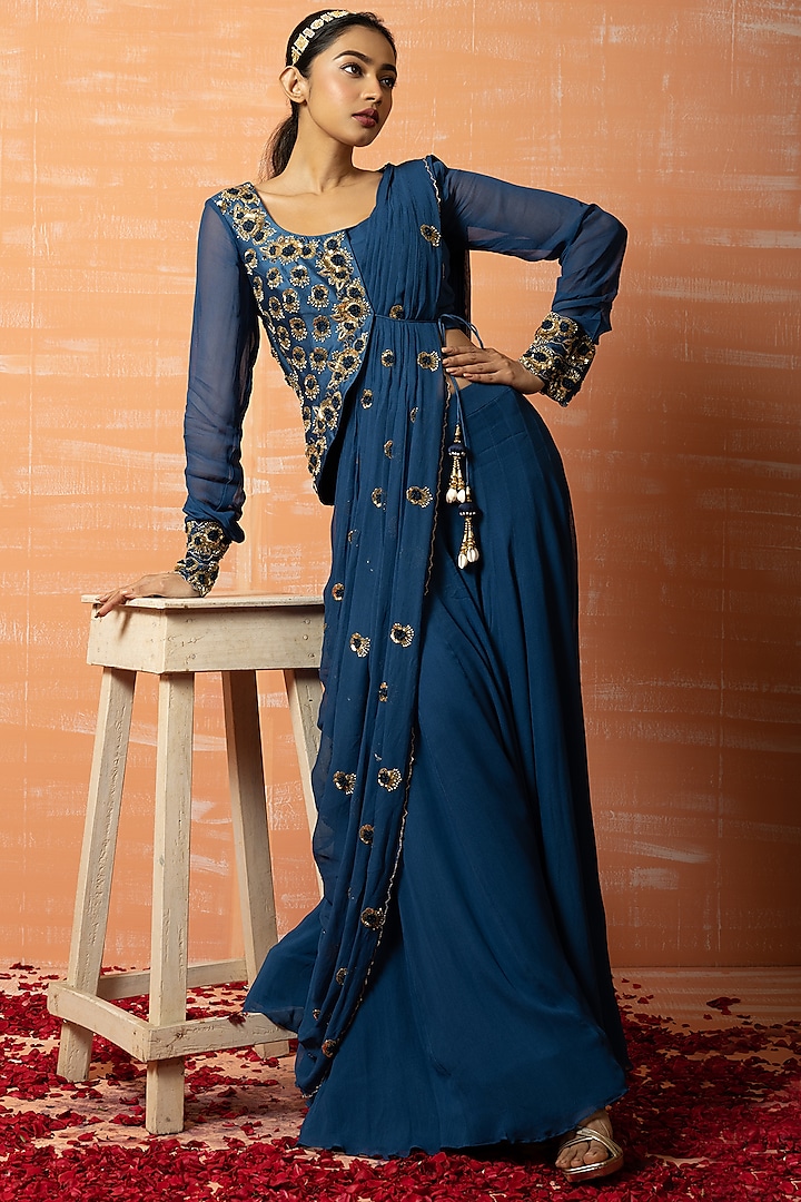 Blue Georgette & Raw Silk Sequins Embroidered Draped Sharara Saree Set by Quench A Thirst