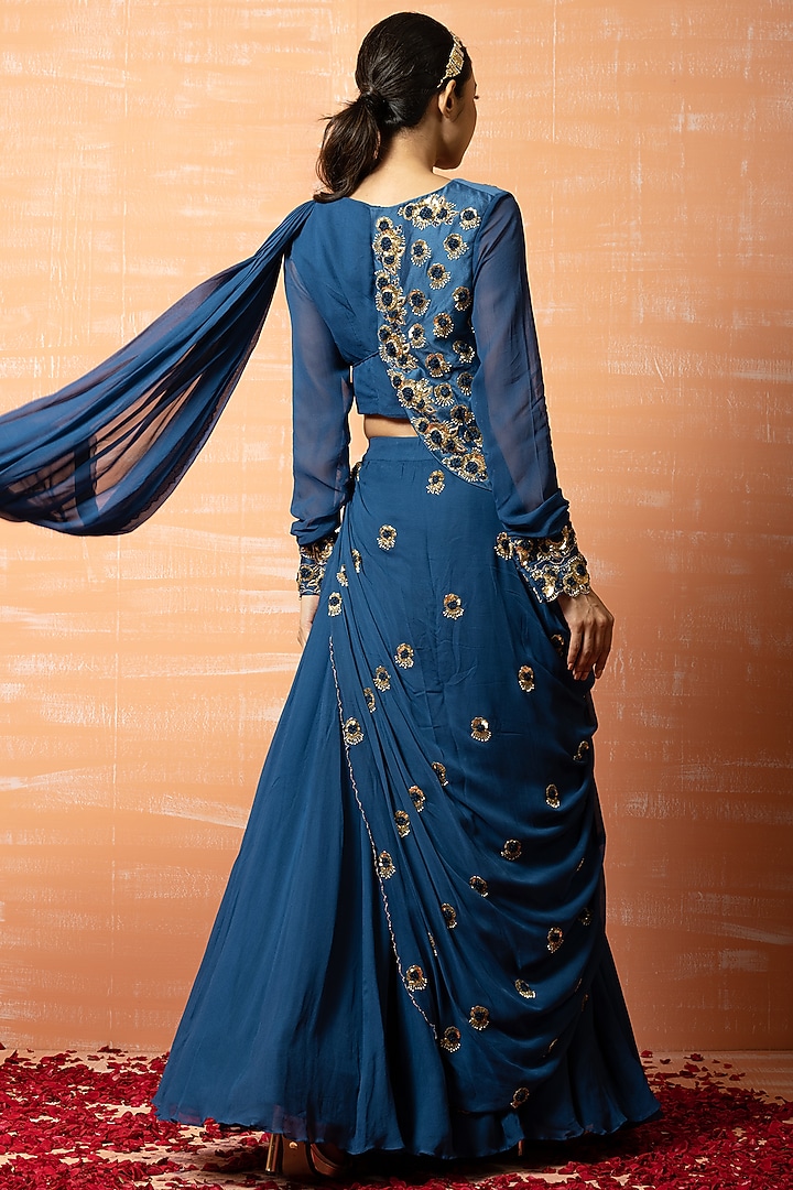 Blue Georgette & Raw Silk Sequins Embroidered Draped Sharara Wedding Saree Set by Quench A Thirst at Pernia's Pop Up Shop
