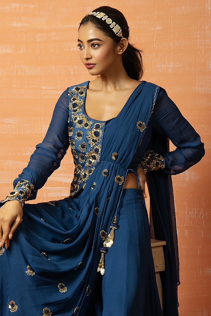 Blue Georgette & Raw Silk Sequins Embroidered Draped Sharara Wedding Saree Set by Quench A Thirst at Pernia's Pop Up Shop