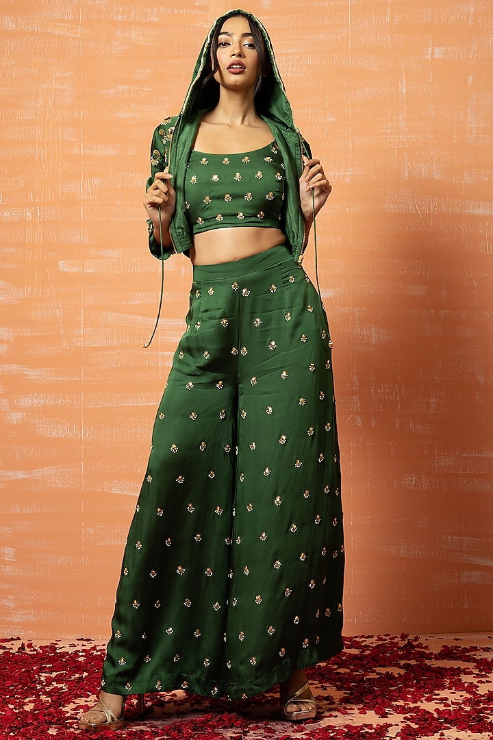 Mehendi Green Embroidered Palazzo Pant Set by Quench A Thirst