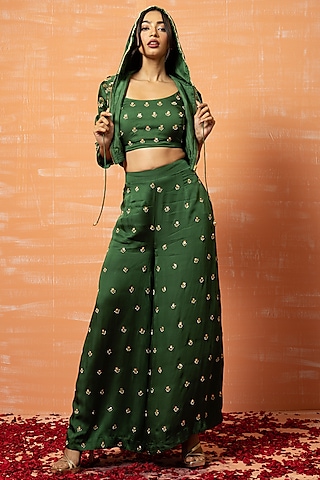 Mehendi Green Embroidered Palazzo Pant Set by Quench A Thirst