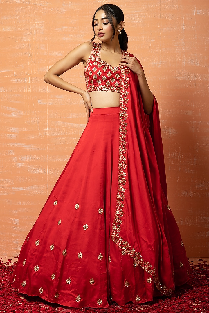 Red Embroidered Lehenga Set by Quench A Thirst