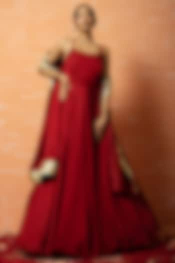 Deep Red Silk Gown With Dupatta by Quench A Thirst