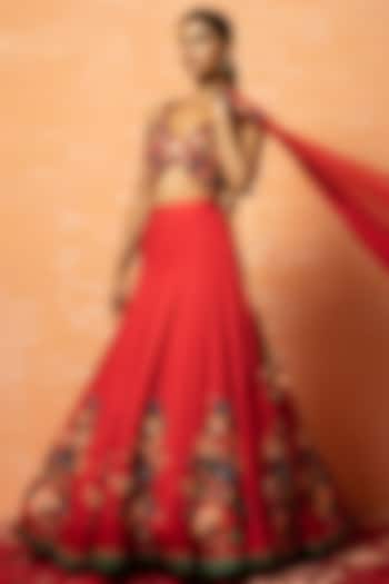 Red Modal Silk Embroidered Lehenga Set by Quench A Thirst