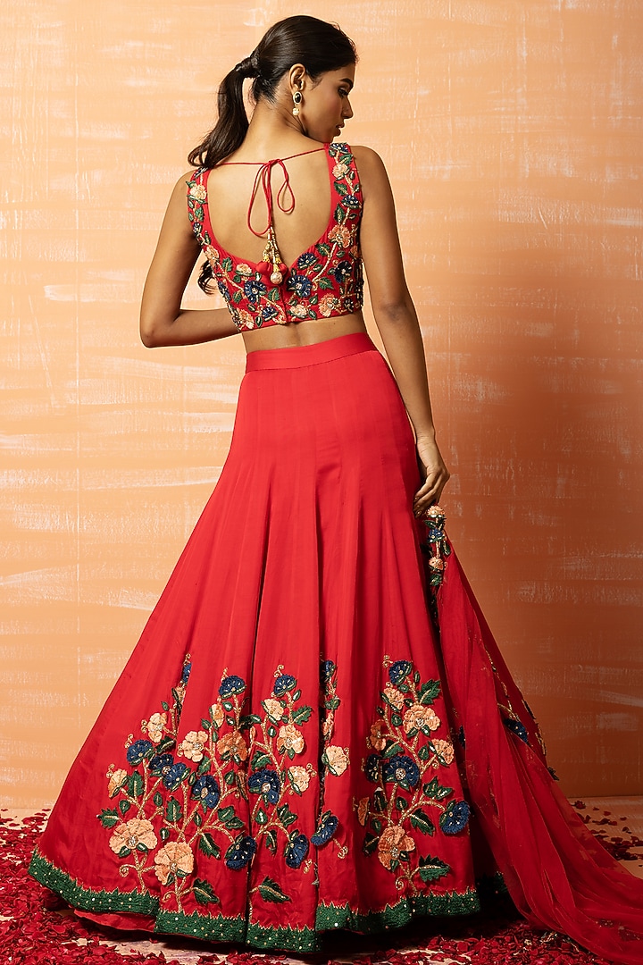Red Modal Silk Embroidered Wedding Lehenga Set by Quench A Thirst at Pernia's Pop Up Shop