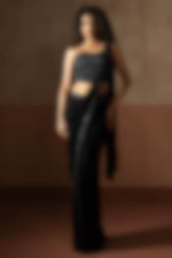 Black Georgette Pre-Stitched Wedding Saree Set by Quench A Thirst at Pernia's Pop Up Shop