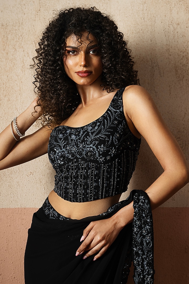 Black Georgette Pre-Stitched Wedding Saree Set by Quench A Thirst at Pernia's Pop Up Shop