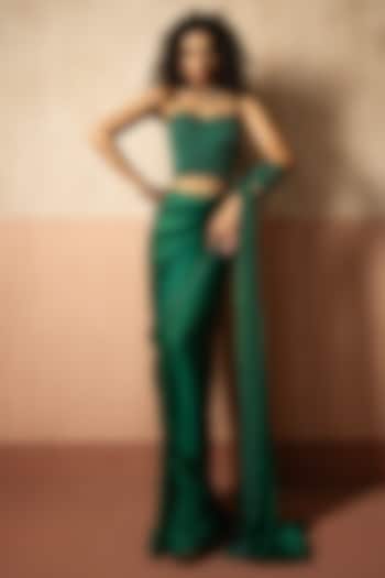 Emerald Green Satin Pre-Stitched Wedding Saree Set by Quench A Thirst at Pernia's Pop Up Shop