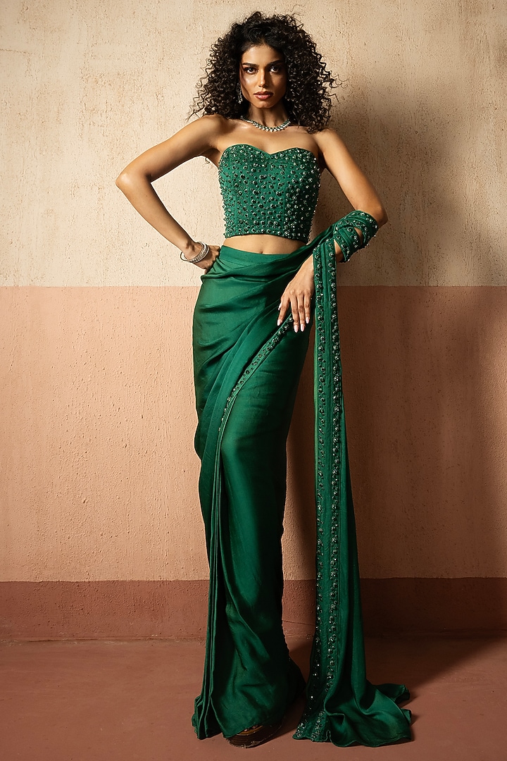 Emerald Green Satin Pre-Stitched Wedding Saree Set by Quench A Thirst at Pernia's Pop Up Shop