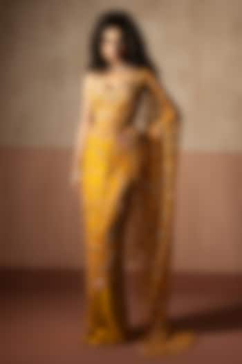 Mustard Yellow Net & Satin Pre-Stitched Wedding Saree Set by Quench A Thirst at Pernia's Pop Up Shop