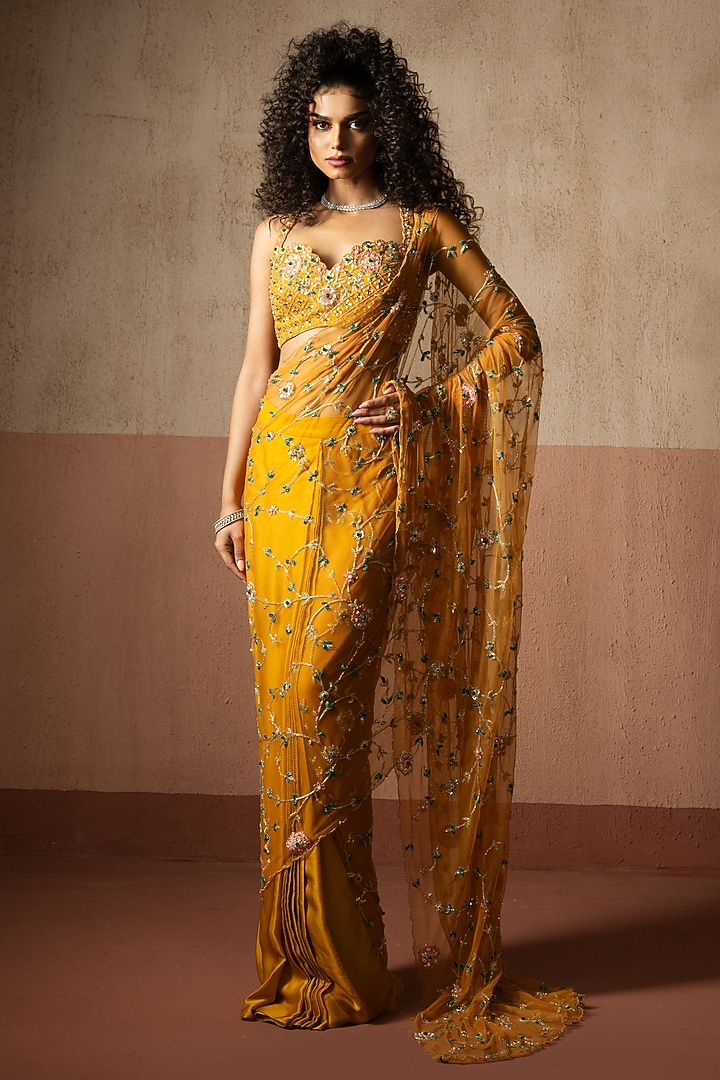 Mustard Yellow Net & Satin Pre-Stitched Wedding Saree Set by Quench A Thirst at Pernia's Pop Up Shop