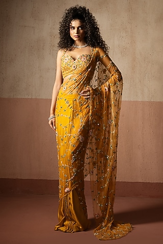 Mustard Yellow Net & Satin Pre-Stitched Saree Set by Quench A Thirst