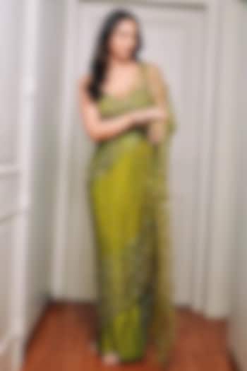 Mehendi Green Net & Satin Pre-Stitched Wedding Saree Set by Quench A Thirst at Pernia's Pop Up Shop