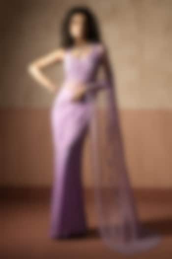 Lavender Net & Georgette Pre-Stitched Wedding Saree Set by Quench A Thirst at Pernia's Pop Up Shop