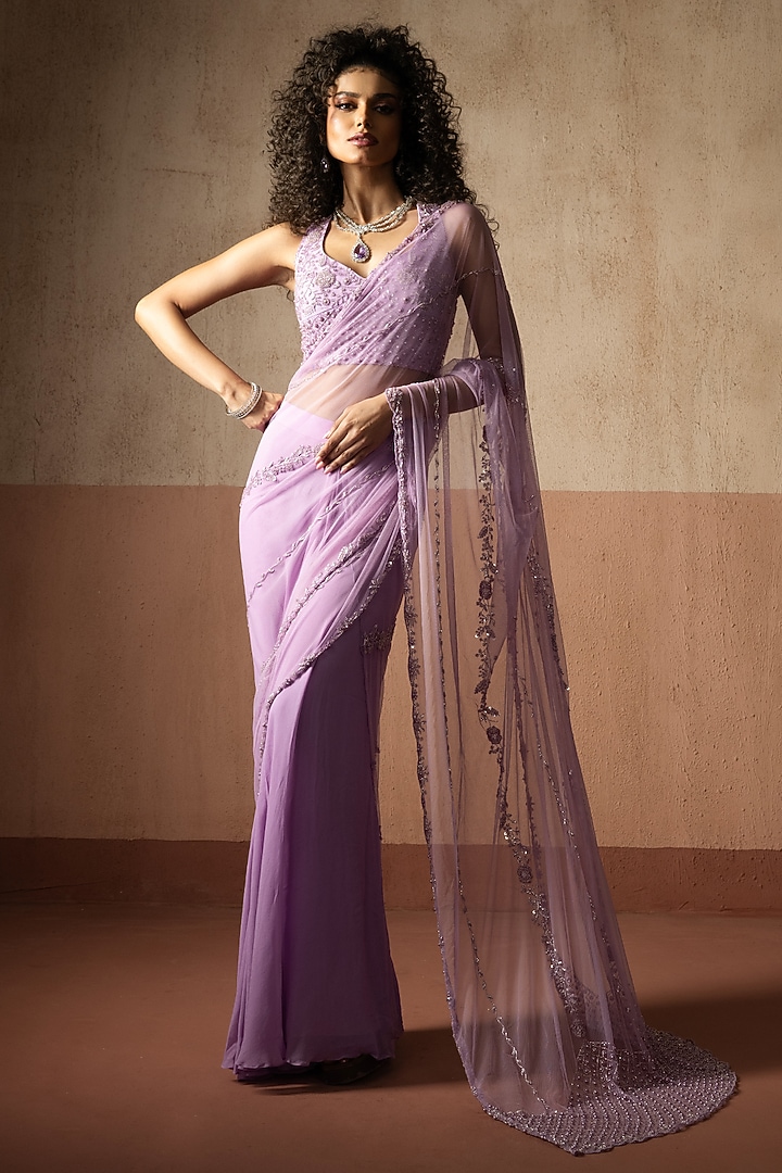 Lavender Net & Georgette Pre-Stitched Wedding Saree Set by Quench A Thirst at Pernia's Pop Up Shop