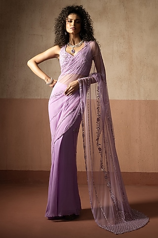 Lavender Net & Georgette Pre-Stitched Saree Set by Quench A Thirst
