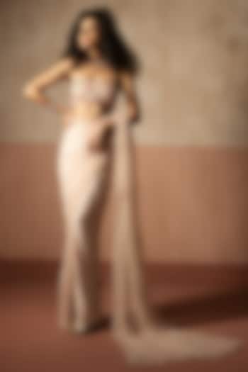 Baby Pink Net & Satin Pre-Stitched Wedding Saree Set by Quench A Thirst at Pernia's Pop Up Shop