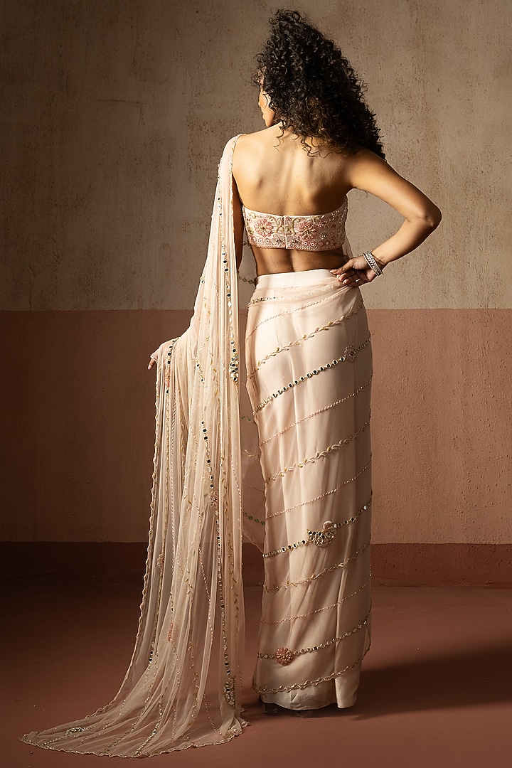 Baby Pink Net & Satin Pre-Stitched Wedding Saree Set by Quench A Thirst at Pernia's Pop Up Shop
