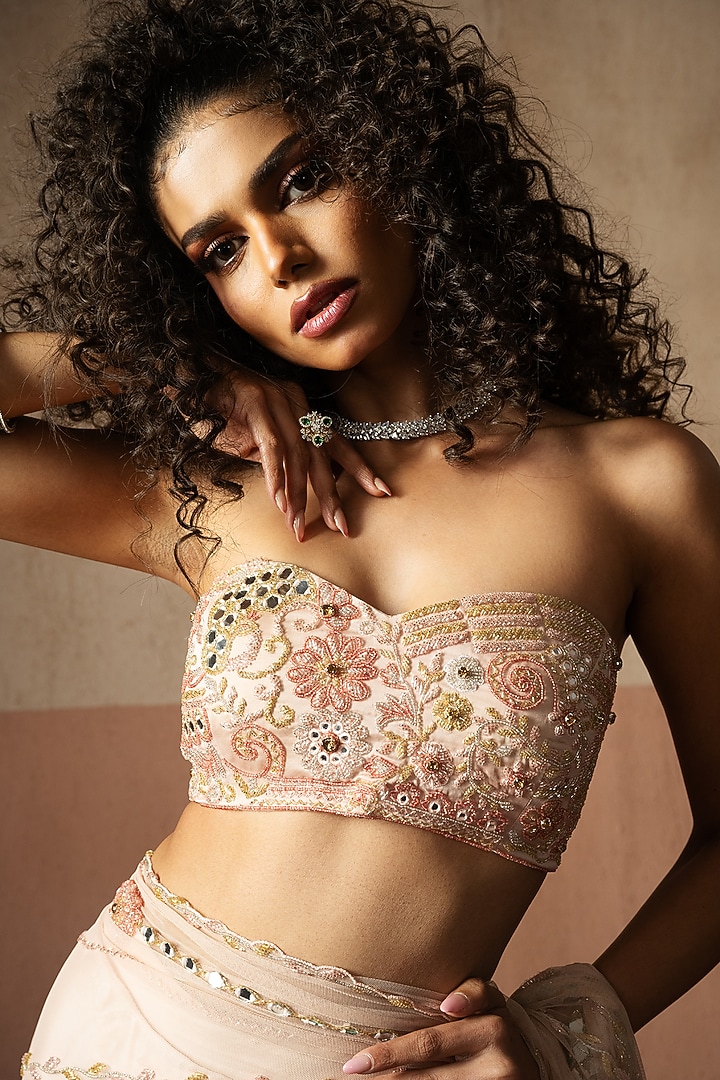 Baby Pink Net & Satin Pre-Stitched Wedding Saree Set by Quench A Thirst at Pernia's Pop Up Shop