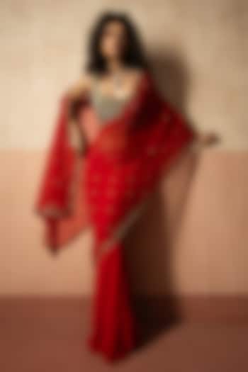 Red Net & Georgette Pre-Stitched Wedding Saree Set by Quench A Thirst at Pernia's Pop Up Shop