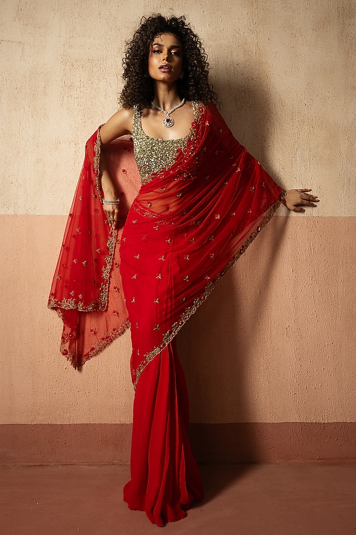 Red Net & Georgette Pre-Stitched Wedding Saree Set by Quench A Thirst at Pernia's Pop Up Shop