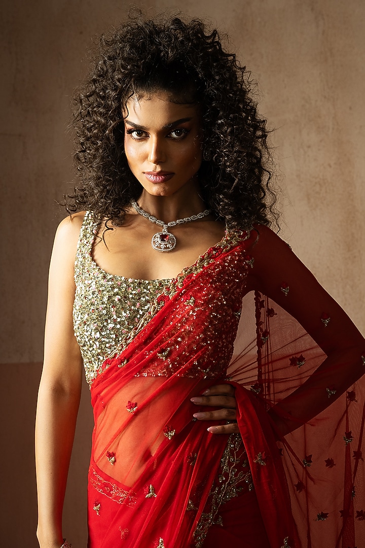 Red Net & Georgette Pre-Stitched Wedding Saree Set by Quench A Thirst at Pernia's Pop Up Shop