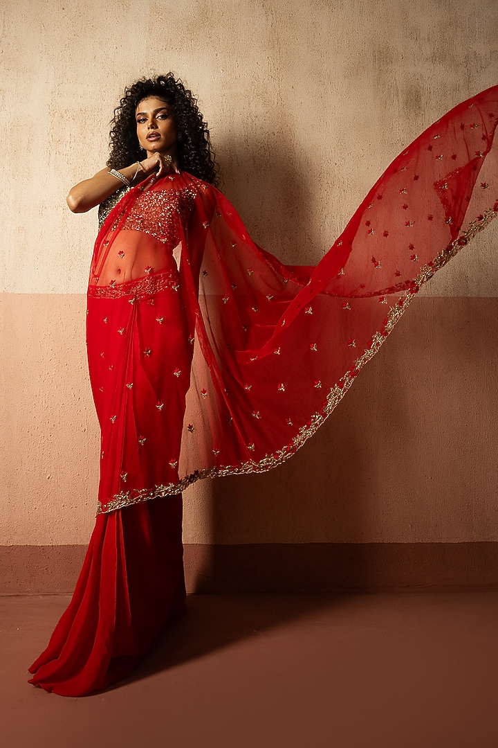 Red Net & Georgette Pre-Stitched Wedding Saree Set by Quench A Thirst at Pernia's Pop Up Shop
