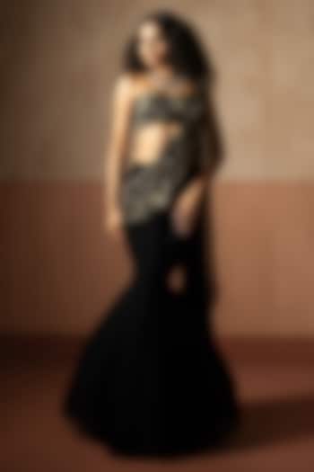 Black Georgette Hand Embroidered Fishtail Skirt Wedding Saree Set by Quench A Thirst at Pernia's Pop Up Shop