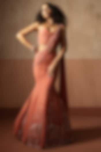 Peach Georgette Hand Embroidered Fishtail Skirt Wedding Saree Set by Quench A Thirst at Pernia's Pop Up Shop
