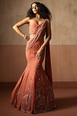 Peach Georgette Hand Embroidered Fishtail Skirt Saree Set by Quench A Thirst