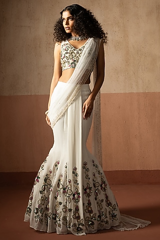 White Georgette Hand Embroidered Fishtail Skirt Saree Set by Quench A Thirst