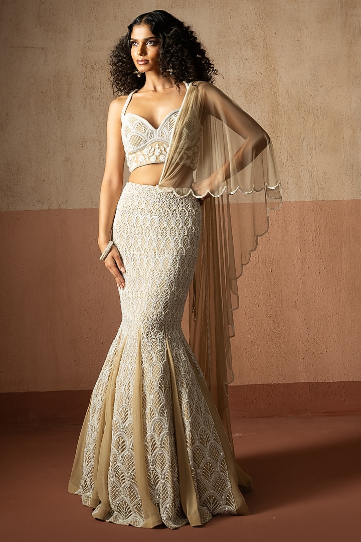 Champagne Beige Georgette Hand Embroidered Fishtail Skirt Wedding Saree Set by Quench A Thirst at Pernia's Pop Up Shop