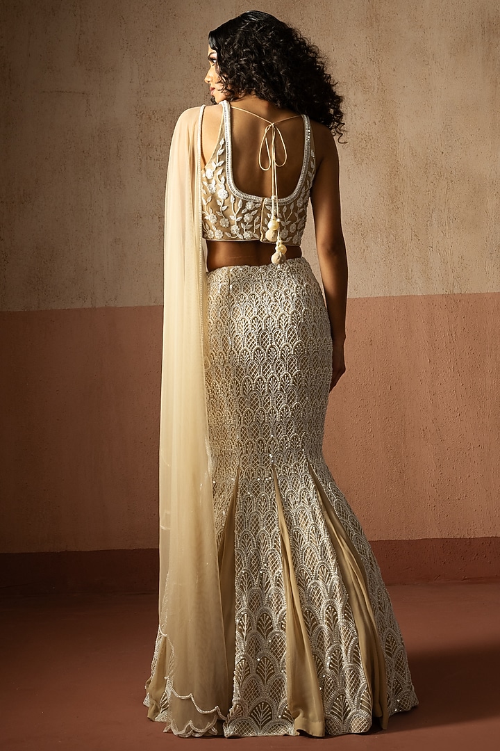 Champagne Beige Georgette Hand Embroidered Fishtail Skirt Wedding Saree Set by Quench A Thirst at Pernia's Pop Up Shop